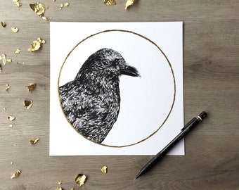 American Crow Corn Moon September - Print of Original Graphite Drawing with Gold Leaf - Animal Portrait
