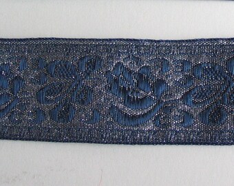 Silver background with flowers-blue ref B4 lurex woven Ribbon