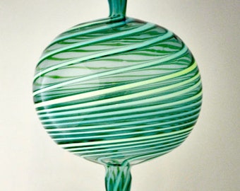 Handmade Glass Ornament, 6" x 3 1/4" Blown Ornament, Handblown Large Ornament, Teal Striped Ornament, Round Suncatcher
