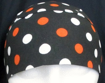 Black Chemo Cap or Skull Cap with Orange and White Dots, Hats, Hair Loss, Bald, Helmet Liner, Bikers, Do Rag, Bandanna, Handmade, Alopecia