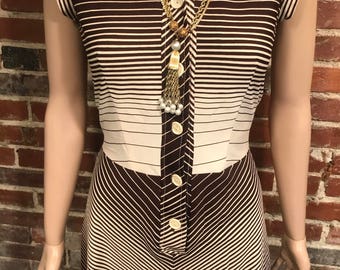 70s Brown, White, and Red Striped Dress