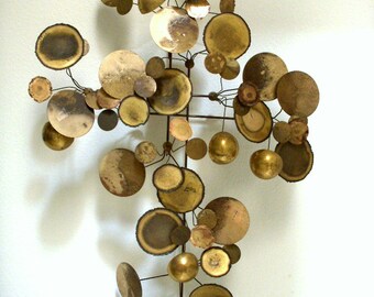 Vintage 70s Curtis Jere Raindrops Sculpture - 1970s Brass Wall Sculpture - 36" Mid Century Modern Sculpture - Modernist Minimalist Sculpture
