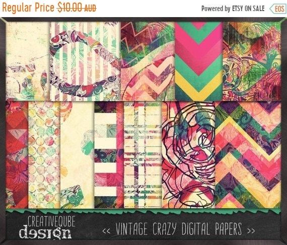 70% OFF Sale Digital paper, Digital Scrapbook paper pack - Instant download - 12 Digital Papers - Crazy vintage