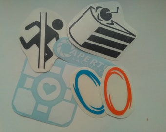 Portal Themed Stickers/decals - Cake, Companion Cube, Aperture science, Portals, Silhouette goin through portals etc.