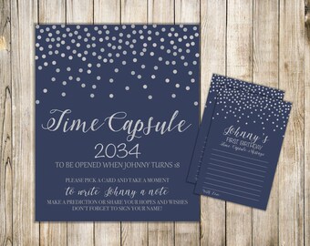 Digital Navy Blue TIME CAPSULE SIGN & Card, Boy 1st Birthday Time Capsule Message, Silver Confetti Time Capsule, Printable Dear Baby Cards