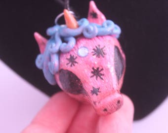 Pink and blue unicorn head necklace