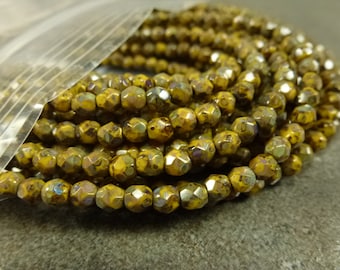 Sunflower Picasso Czech Glass Firepolish Beads 4mm Faceted Round 50pc