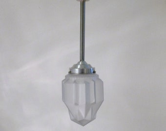 White Frosted French Art Deco SKYSCRAPER Pendant Light 1930s - Richly Sculptured Deco Details - Unique Design