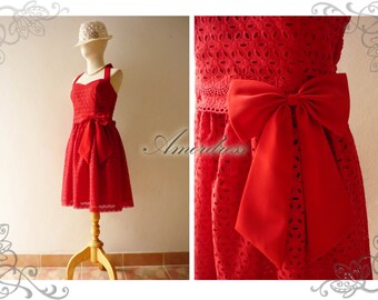 Lace Dress Red Bridesmaid Dress Vintage Inspired Retro Style Dress Red Summer Dress Party Dress Sweetheart Bustline Dress-Size XS-XL, Custom