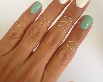 8 Midi Rings in Gold and Silver, Chevron and Simple Band Midi Rings. Mid knuckle stacking rings to wear in many combinations!