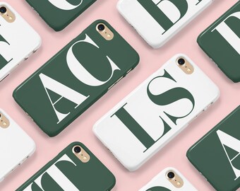 Initial phone case in British racing green with white initials for iPhone and Samsung phones