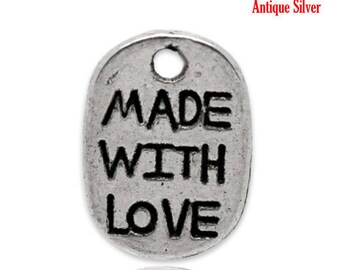 50 Made with Love Charms Silver 11x8mm - Ships IMMEDIATELY from California - SC09