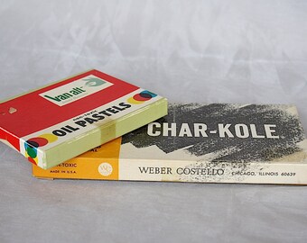Vintage Art Supplies - Oil Pastel Crayons - Artist Charcoal Sticks - Weber Costello Alphacolor - Art Decor - Art Studio Decor Prop