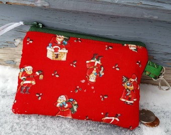 Christmas Coin Purse, Santa Zipper Wallet, Ear Bud Pouch, Stocking stuffer, Santa Change Purse