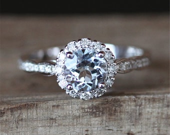 Payment Plan For juliemecham11 Art Deco Floral Halo Aquamarine Engagement Ring VS 5.5mm Round Cut Aquamarine Ring 14K White Gold Ring