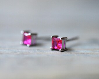 Ruby Earrings, Ruby Stud Earrings, Square Princess Cut Ruby, Tiny Sterling Silver Studs, July Birthstone Earrings, Red Gemstone Earrings