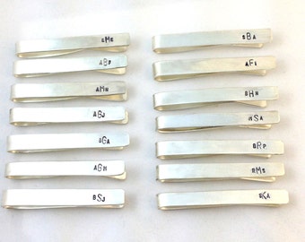 Silver Initial Tie Clip with hand stamping front and back- Groomsmen Personalized Sterling silver tie bar