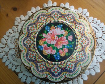 Daher Mosaic Decorative Pointillism Style Tin - 1960s Collectible Storage Tin Container - Made in England - Mid-Century