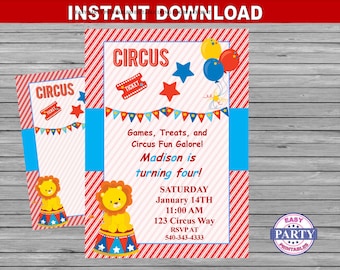 Circus Party Invitation, Instant download, red and aqua, striped, carnival invitation, digital download, circus party, circus invitation