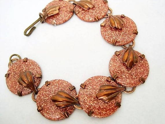 Copper Link Bracelet, Lucite Goldstone, Lucite on Copper.