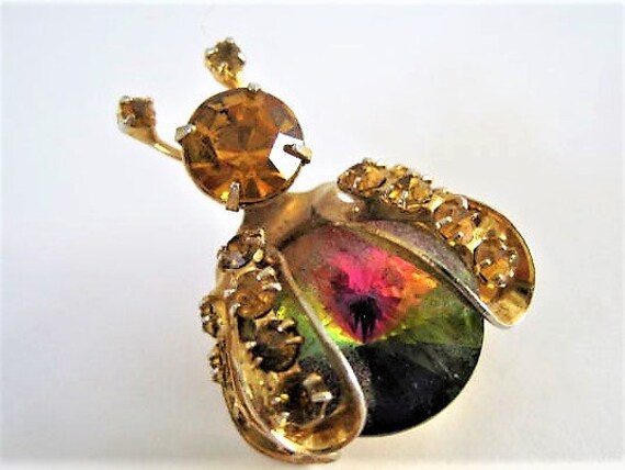 Weiss Bug Pin, Watermelon Rivoli Rhinestone, Double Wing, Topaz signed Brooch