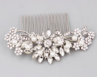 Bridal Hair Comb Silver, Pearl Hair Comb, Wedding Hair Comb, Crystal Hair Comb, Bridal Headpiece, Bridal Hair Accessories, Floral Hair Piece