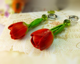 Tulip earrings Floral earrings Red earrings Long earrings Polymer clay earrings Spring earrings