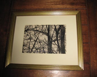 Conchetta Del La Ray 1970 Pen and Ink Drawing Black and White Drawing Trees And Branches In Goldtone Frame 9" x 11 "