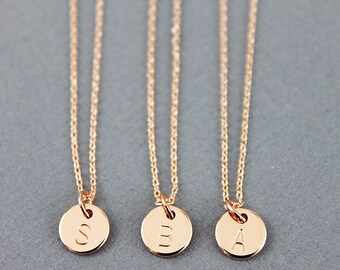 Hand Stamped Tiny Circle Necklace Engraved Rose gold Initial Necklace Tiny initial Charm Necklace Letter Necklace Alphabet Necklace
