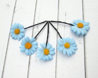 Set Light Blue Daisies Hair Pin Accessories - Daisy Flower Hair - Camomile hair decoration - Floral Bobby Pin - Girls Hair Accessories