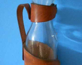 Vintage wine bottle with leather holder one liter made by El Cid/Wine bottle with leather wrapped handle