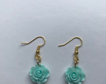 Pastel Aqua Flower Earrings, Gold earrings, Dangle Earrings