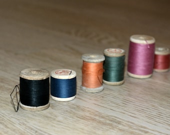Vintage Retro Wooden Thread Spools Set of 6 Different colors Soviet Union Cotton Sewing Threads