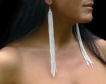 White Earrings. Extra Long Earrings. White Shoulder Duster Earrings. Very Long Fringe Earrings. Beadwork.