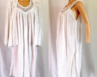 70's Boho White/Silver Gauzy Cotton Dress & Jacket Made in Greece
