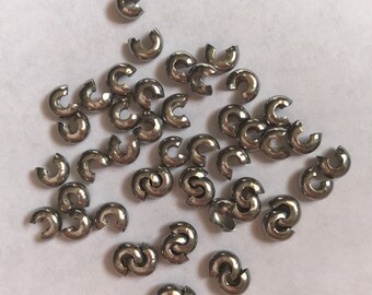 50 Pieces of Stainless Steel Crimp Cover Findings - 5mm Open, Medium Silver Color, Metal, Round Shape, Design Finisher