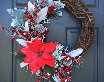 Poinsettia Wreath, Christmas Poinsettias, Holiday Wreaths, Red and White Wreaths, Christmas Decor, Door Wreaths, Poinsettia Wreaths