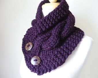 Knit Neck Warmer, Cable Knit Scarf, Chunky Warm Winter Scarf in Eggplant 6" x 25" Coconut Shell Buttons Ready to Ship - Direct Checkout