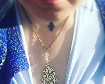 Hamsa hand gold tone protective necklace with glass beads