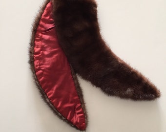 Genuine brown fur collar with handsewn rust colored satin backing