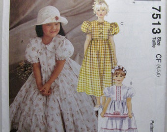 McCalls 7513 Childrens, Girls Dress Sewing Pattern - Vintage Sewing Supplies - Easter Dress - Summer - Flower Girl - Special Occasion Dress