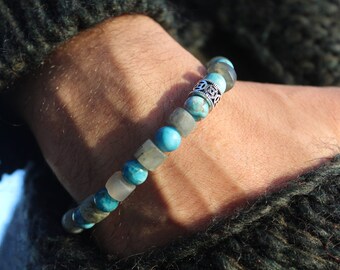 Crystal healing, man "Creativity and Protection" bracelet jewelry, natural stones, blue apatite, labradorite, Sterling Silver