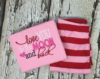 Love You to The Moon and Back Pjs - Moon Pajamas - Valentines Pjs - Red Pink Pajamas