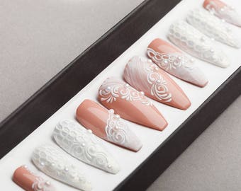 White wedding Press on Nails | Fake Nails | False Nails | Glue On Nails | Tracery Nails | Acrylic Nails | Gel Nails | Handpainted Nail Art