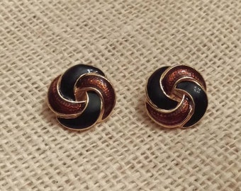 CLEARANCE!!! Vintage Clip On Earrings gold tone metal and brown and black enamel for unpierced ears