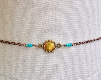 Sunflower choker, flower choker,hippie choker,sun choker,turquoise choker,beaded choker,charm choker,boho choker,festival choker,