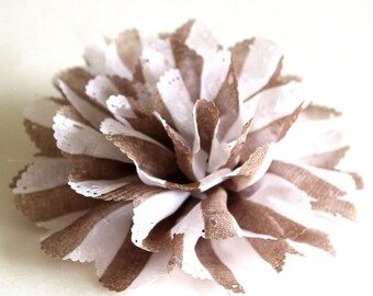 White and brown stripe fabric flower brooch