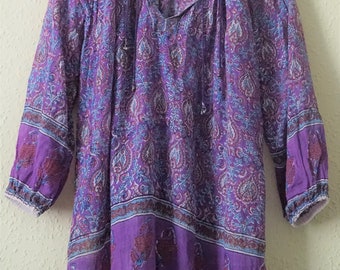 Vintage 60s 70s Pastel Block Print Indian Gauze Cotton Blouse/Top/Tunic/Shirt; Hippie, Boho, Gypsy, Folkloric, Festival RARE blouse