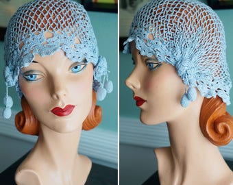 Early 1920s Boudoir Cap - 20s Night Cap - Powder Blue Crochet - Crochet Rosettes With Baubles - Flapper Style Cap