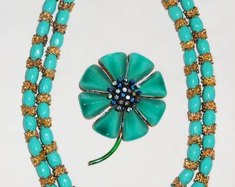 Vintage Necklace and Brooch Pin, goldtone and aqua, glass beads metal and rhinestones